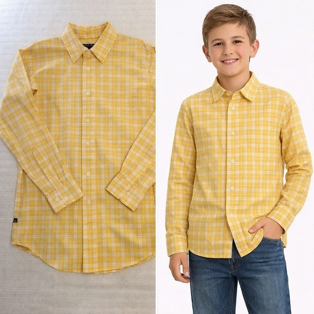 Brooks Brothers Fleece Boys Yellow White Plaid Button Down Shirt Size L Long Slv